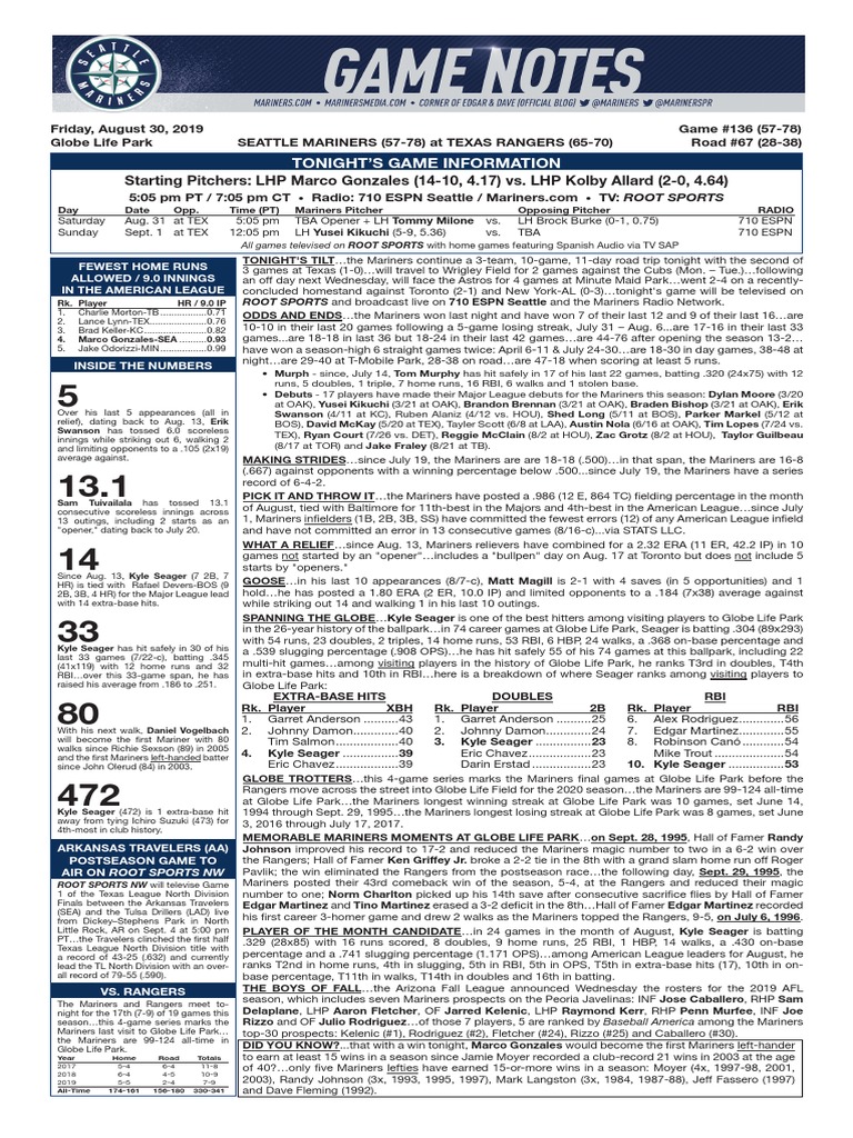 08.30.19 Game Notes | PDF | Home Run | Baseball Positions
