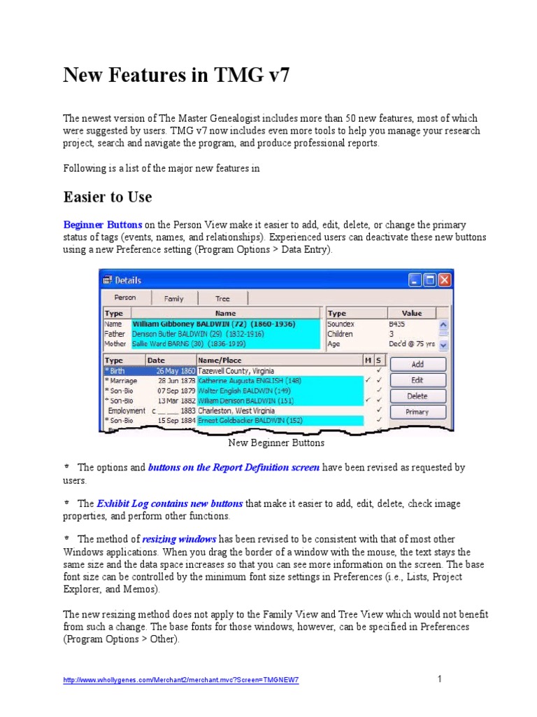 TMG v7: Key New Features Overview | PDF | Menu (Computing) | Genealogy