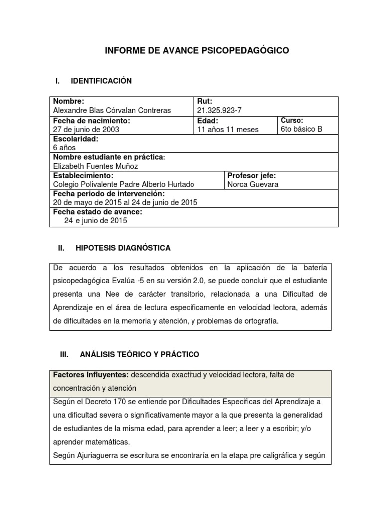 Informe de avance psicopedag gico pdf memoria diccionario