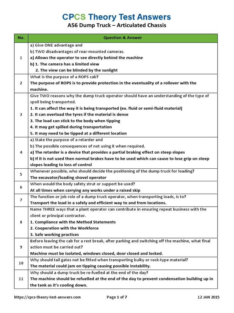 CPCS A56 Dump Truck Articulated Chassis Theory Test Answers Truck