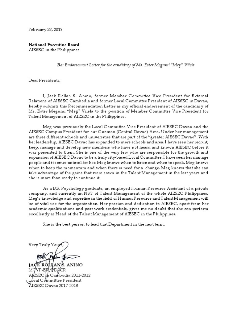 Sample Aiesec Mcvp Endorsement Letter Pdf Business
