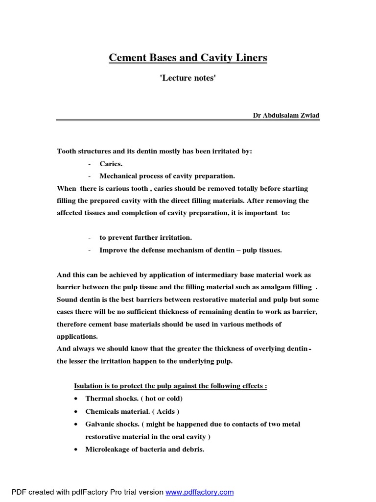 Cement Bases and Cavity Liners PDF Chemical Substances Dentistry