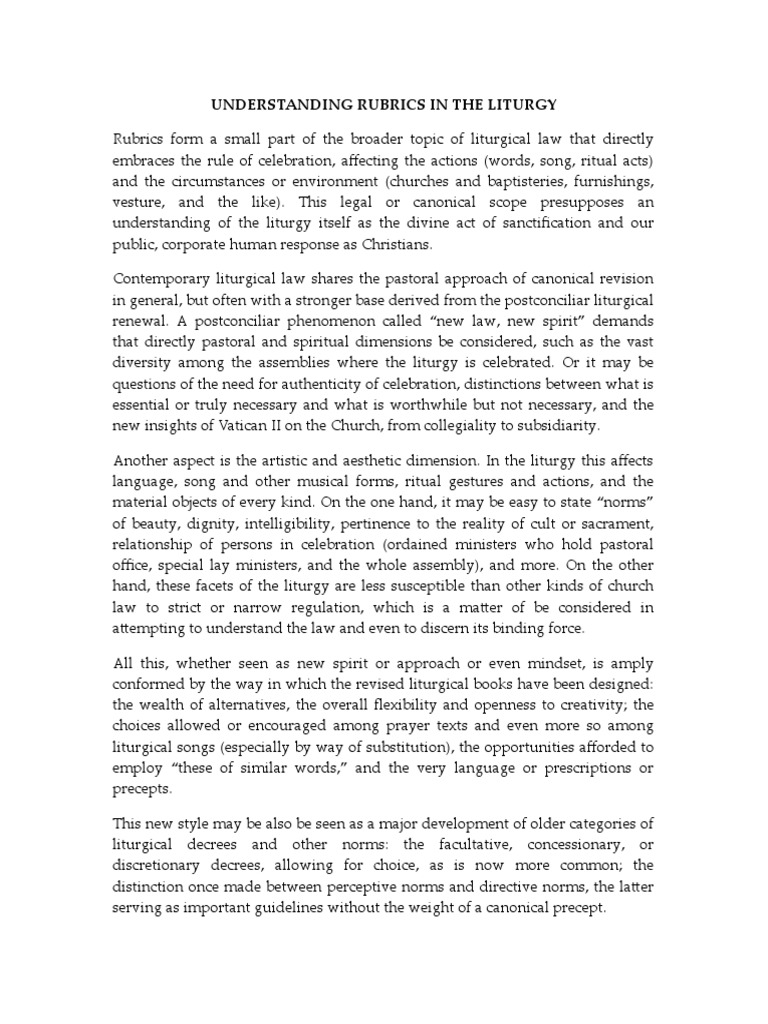 Understanding Rubrics in The Liturgy PDF Liturgy Catholic Church