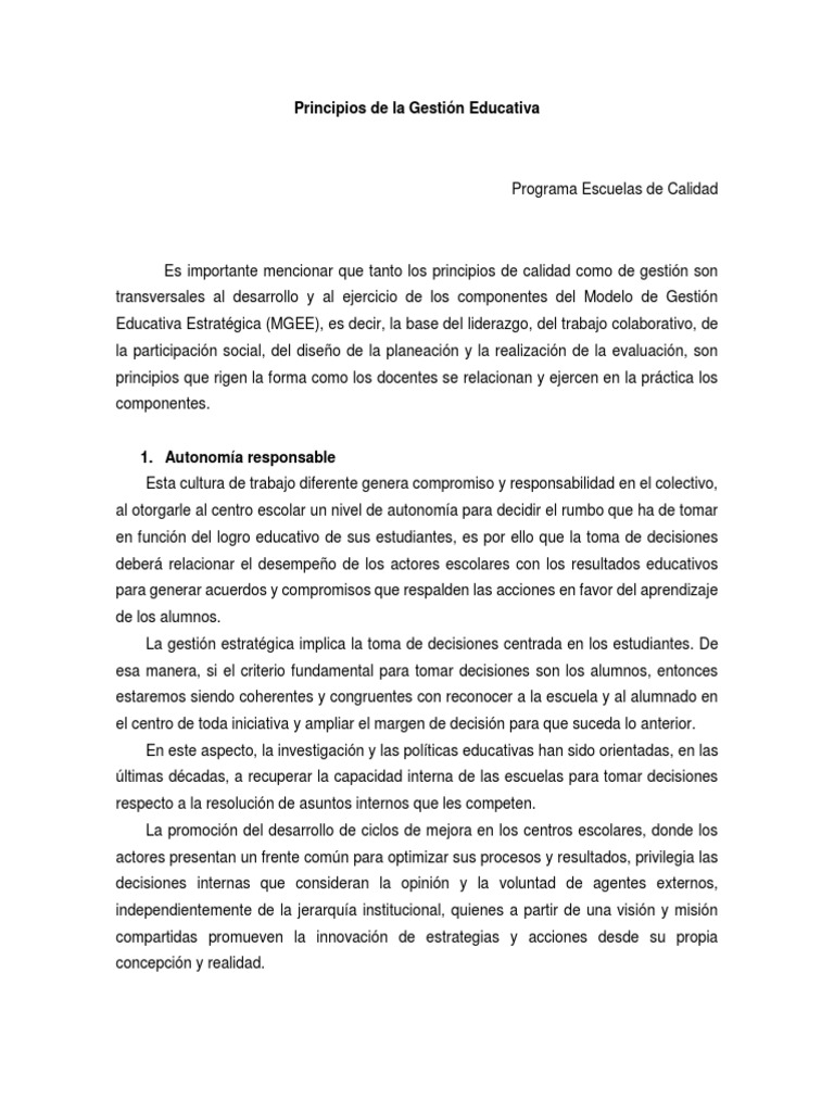 Principios de la Gestión Educativa | PDF | Toma de decisiones | Aprendizaje