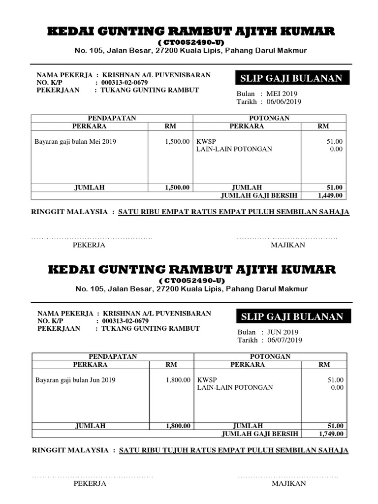Contoh Slip Gaji Bekerja Sendiri Lertyi