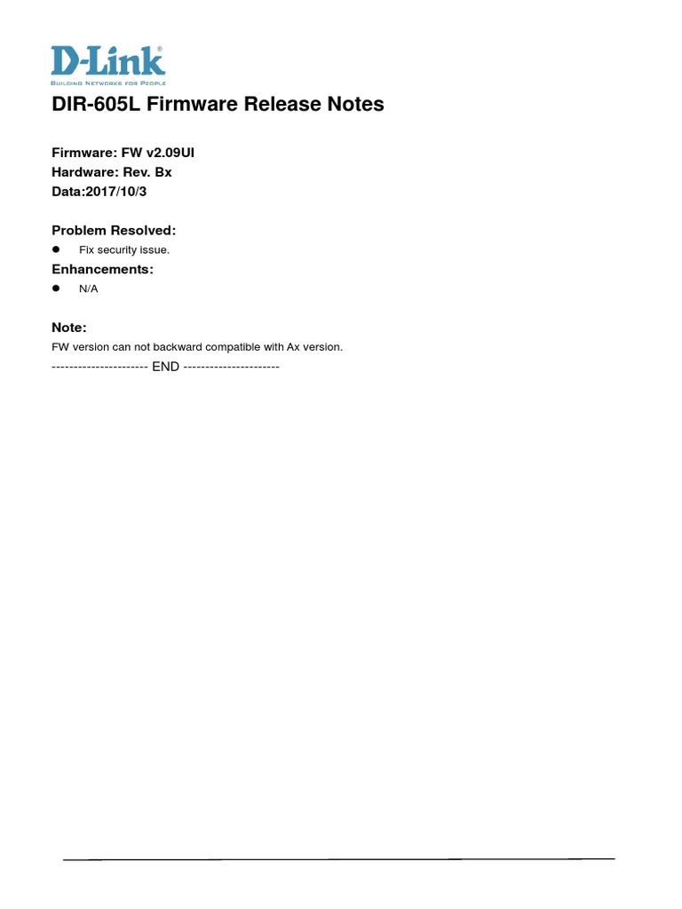 Dir-605l Revb Release Notes V2.09uib02 | PDF
