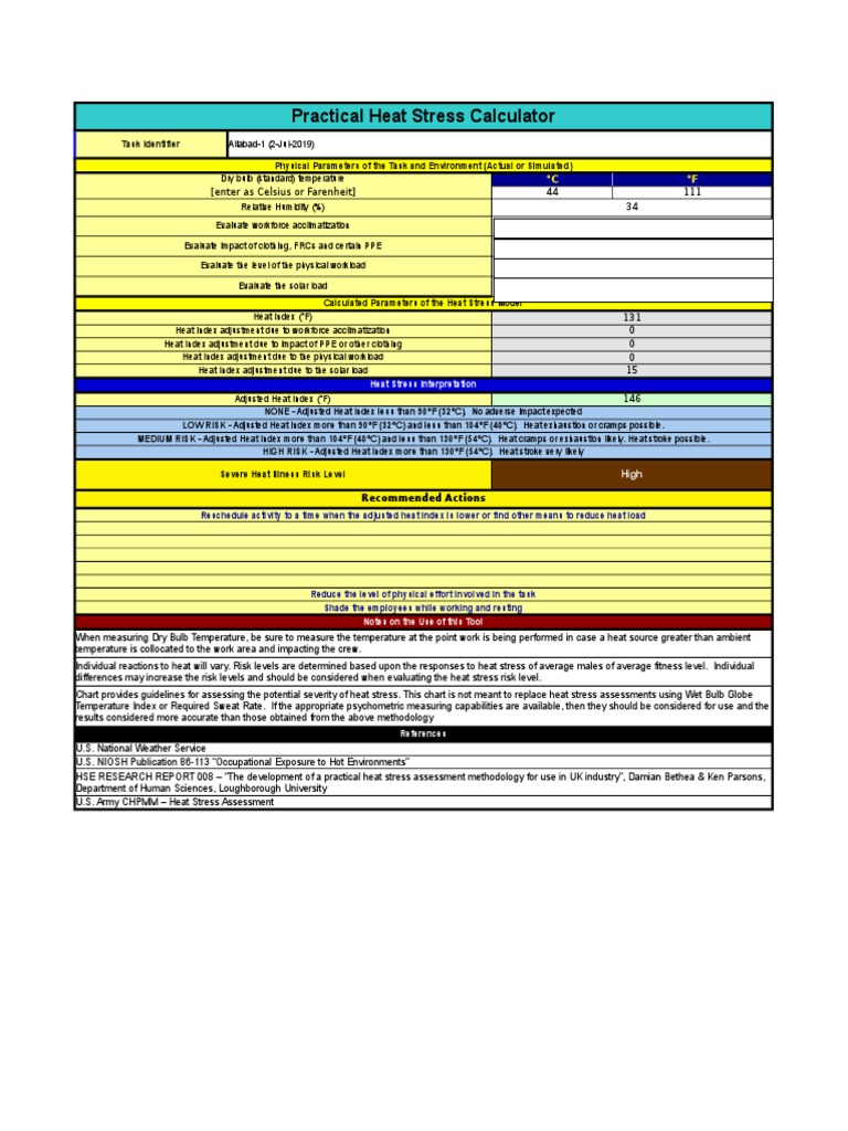 Heat Stress Calculator 2019 | PDF | Hyperthermia | Fahrenheit