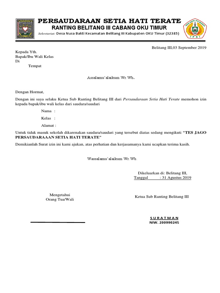 PSHT Surat Izin Sekolah | PDF