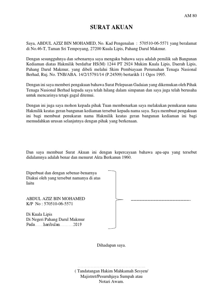 Contoh surat akuan am80 Contextual translation of surat akuan sumpah perkahwinan into english.