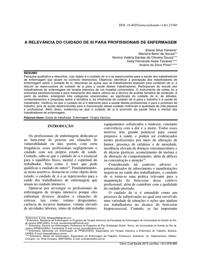 A Importância Do Autocuidado Para Profissionais De Enfermagem Pdf