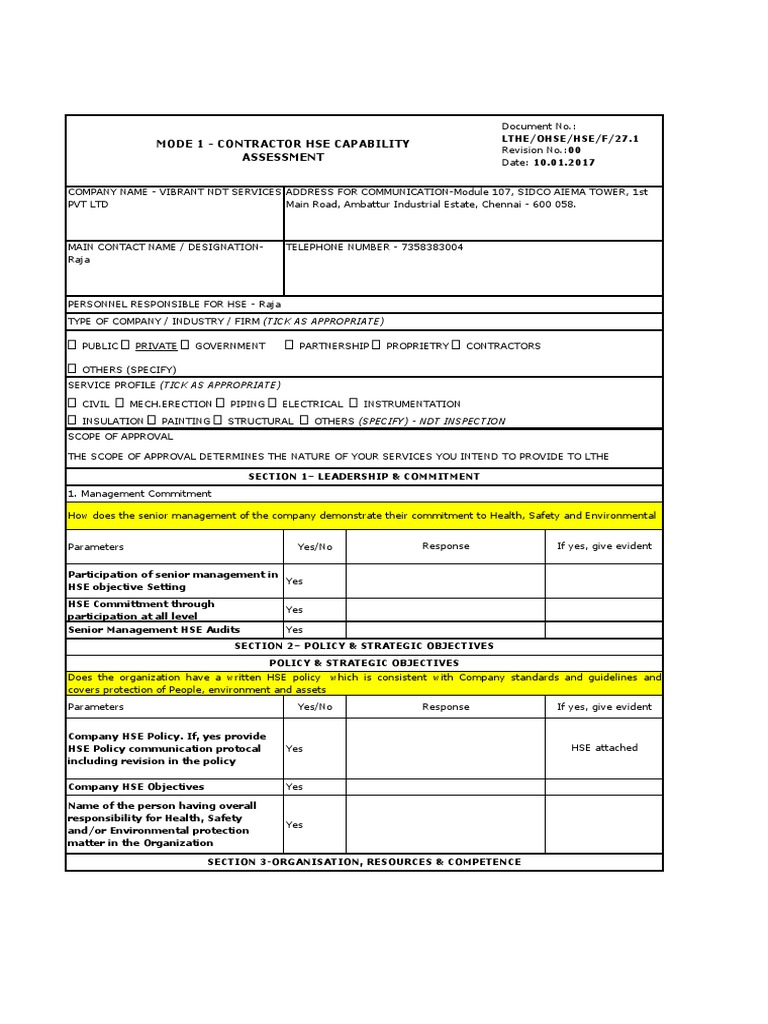 Annexure - IV - Contractor HSE Capability Assessment Sheet - Rev 00 ...