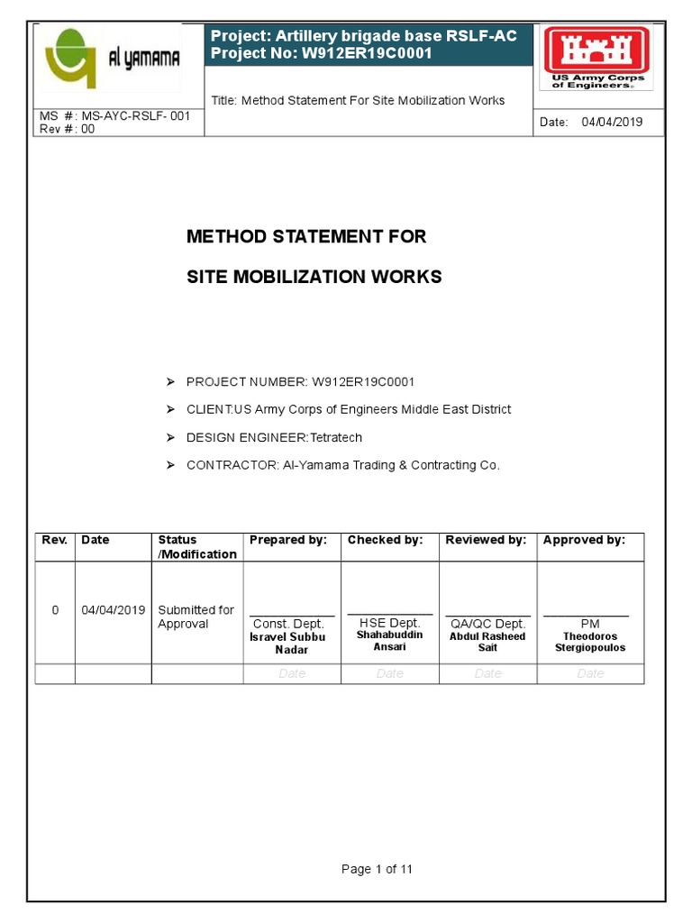 Site Mobilization Method Statement | PDF | Elevator | Crane (Machine)
