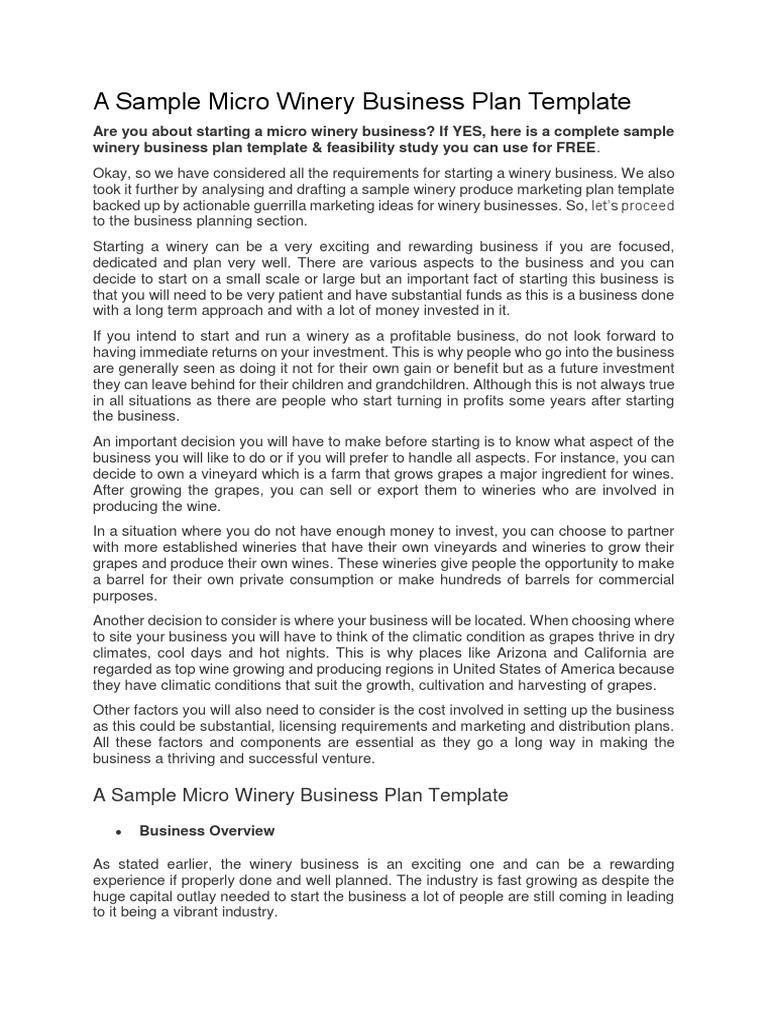 A Sample Micro Winery Business Plan Template PDF Winery Wine