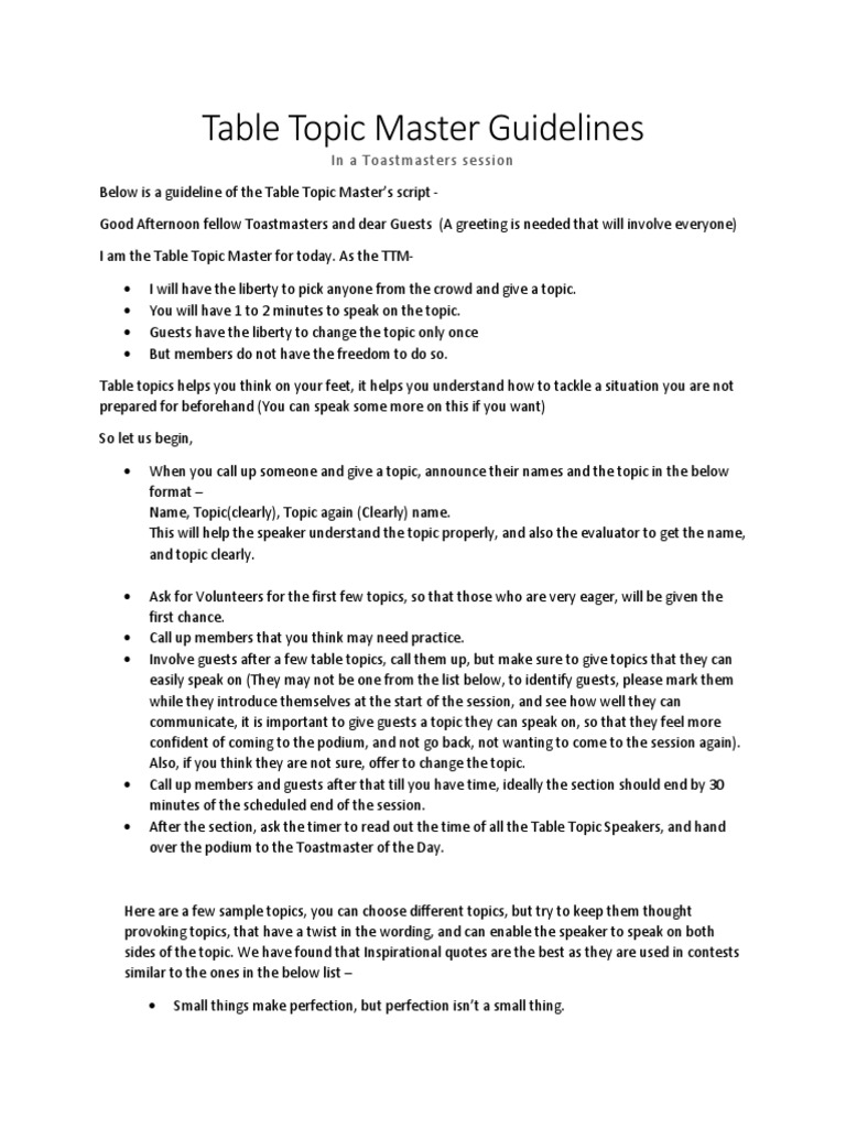 Table Topic Master Guidelines in A Toastmasters Session PDF