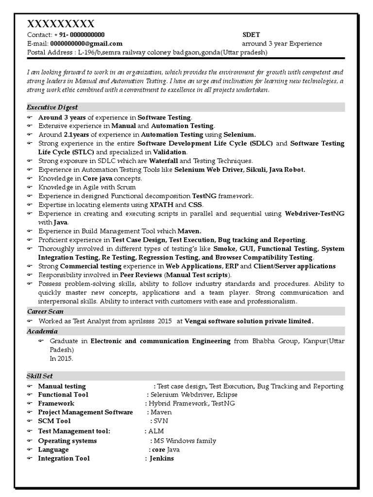 Automation Testing Resume - 3 Years Experience | PDF | Selenium ...