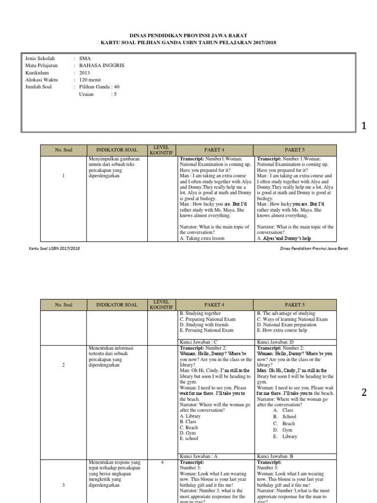 Kartu Soal Usbn Paket 4 Dan 5 Bahasa Inggris Wajib Kur13 Nature