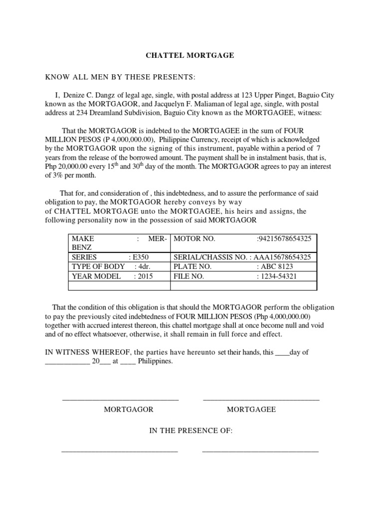Chattel Mortgage Sample PDF Mortgage Law Civil Law Law)