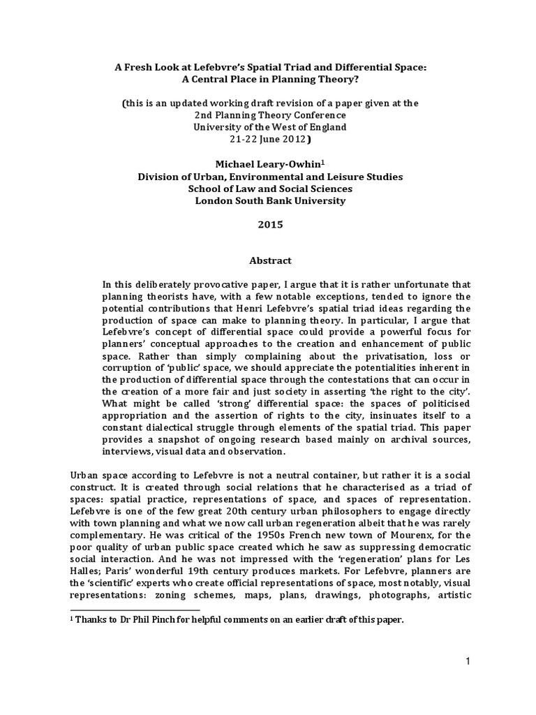 A Fresh Look at Lefebvre S Spatial Triad PDF Space Urban Planning