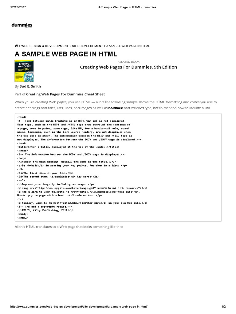 A Sample Web Page in HTML: Creating Web Pages For Dummies, 9th Edition ...