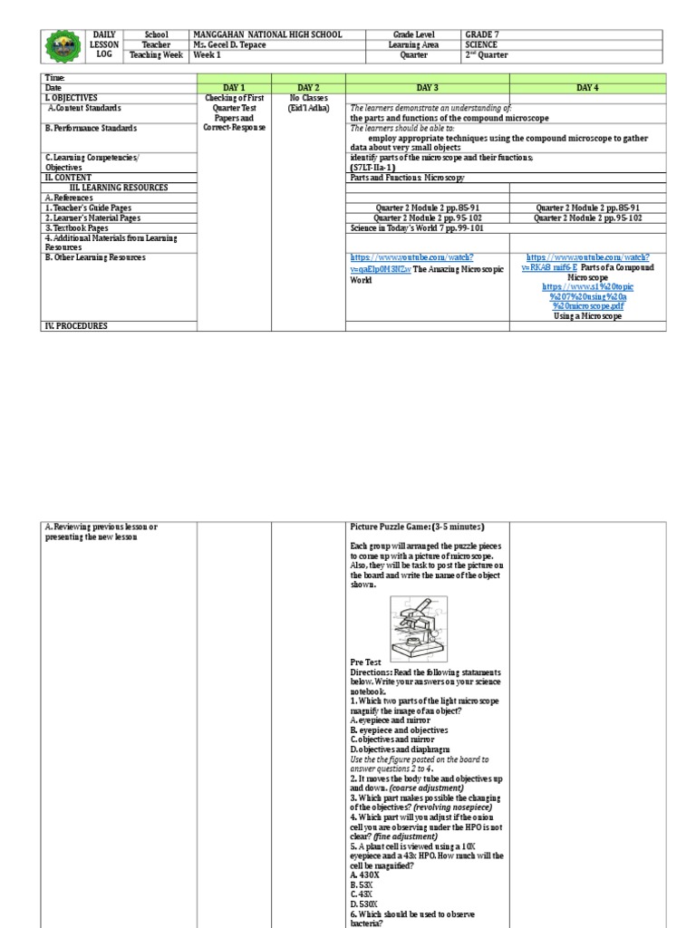 Grade 7 Microscope Lesson Plan | PDF | Microscope | Learning
