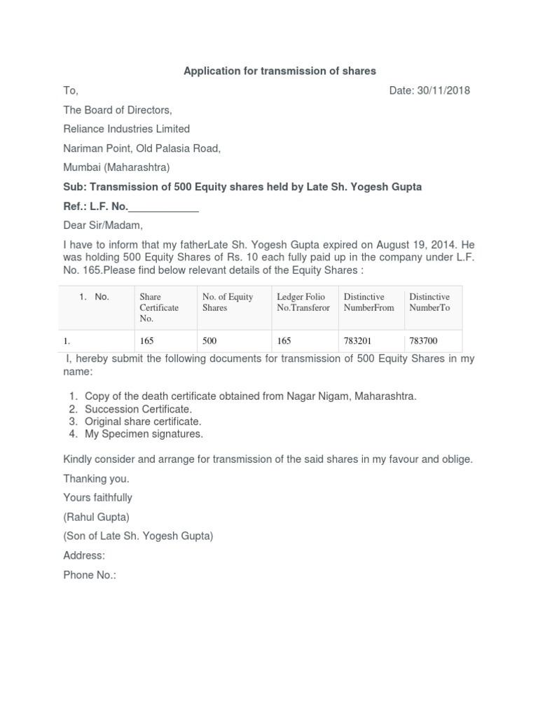 Transmission Application for Equity Shares | PDF | Law