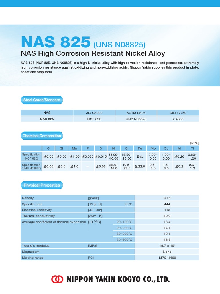 (UNS N08825) : NAS High Corrosion Resistant Nickel Alloy | PDF ...
