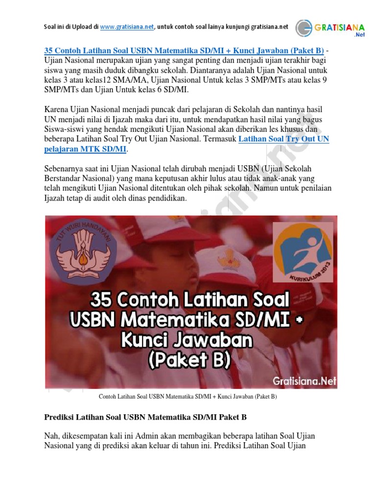 35 Latihan Soal Usbn Matematika Sd Mi Pembahasan Kunci Jawaban Paket B