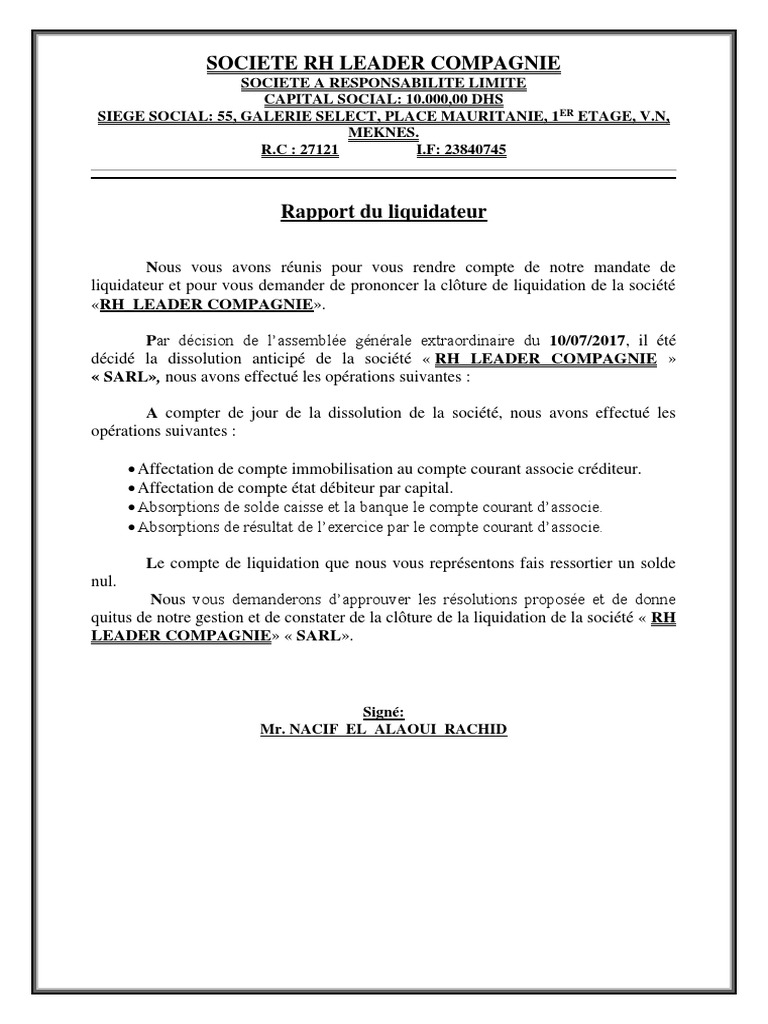Modèle Compte De Clôture De Liquidation Sarl Rapport Du Liquidateur | PDF