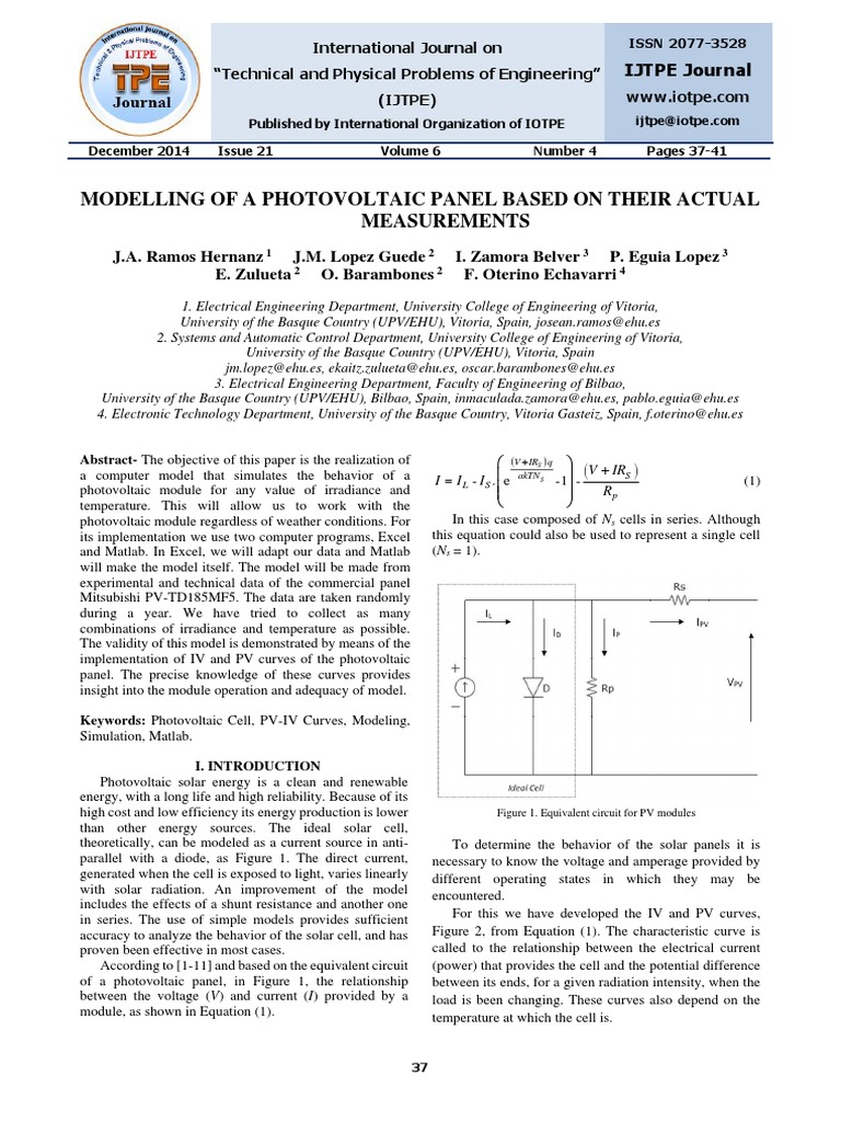 Modelling of A Photovoltaic Panel Based On Their Actual Measurements ...