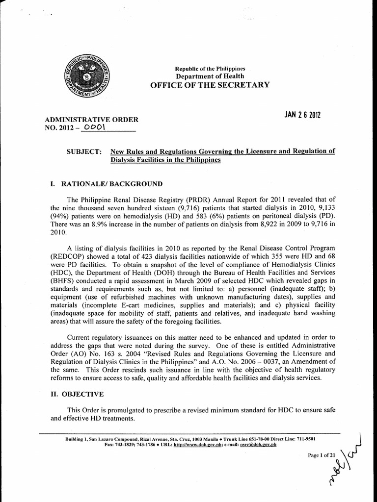 Ao20120001 Rules & Regulations Governing The Licensure of Dialysis