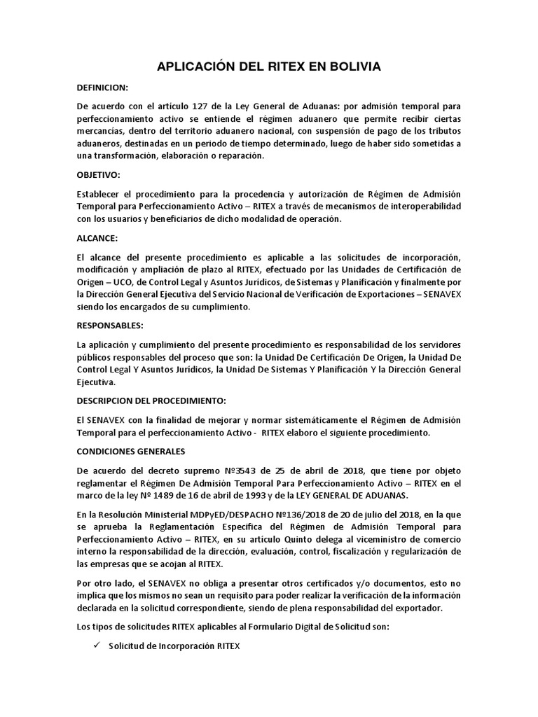 Procedimiento RITEX en Bolivia | PDF | aduana | Gobierno