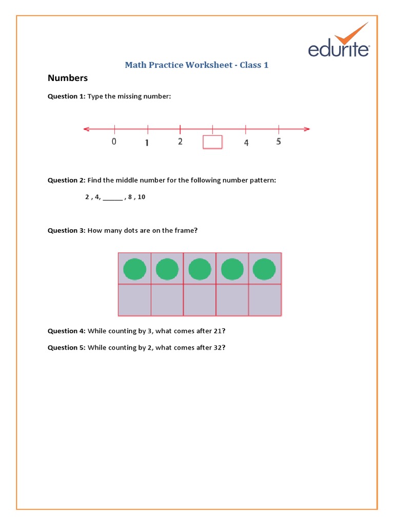 Class 1 Math Practice Worksheet | PDF