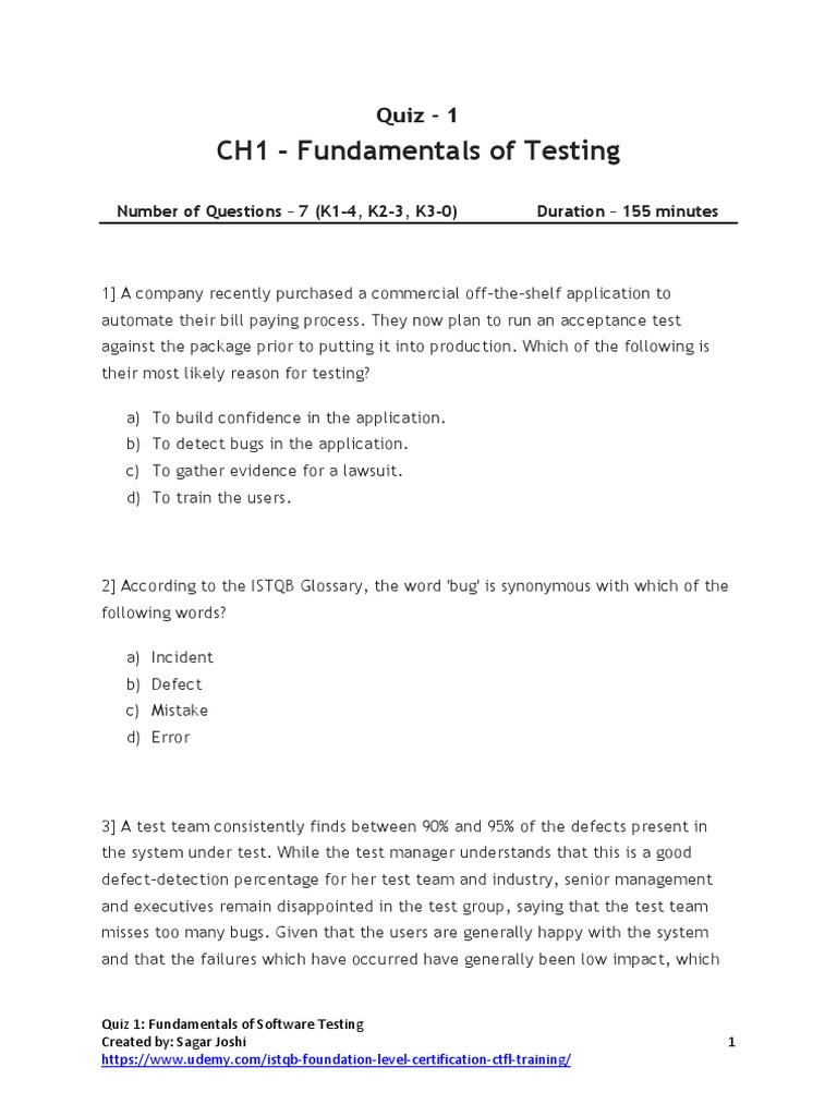 ISTQB Fundamentals Quiz 1 Answers | PDF | Software Testing | Software Bug