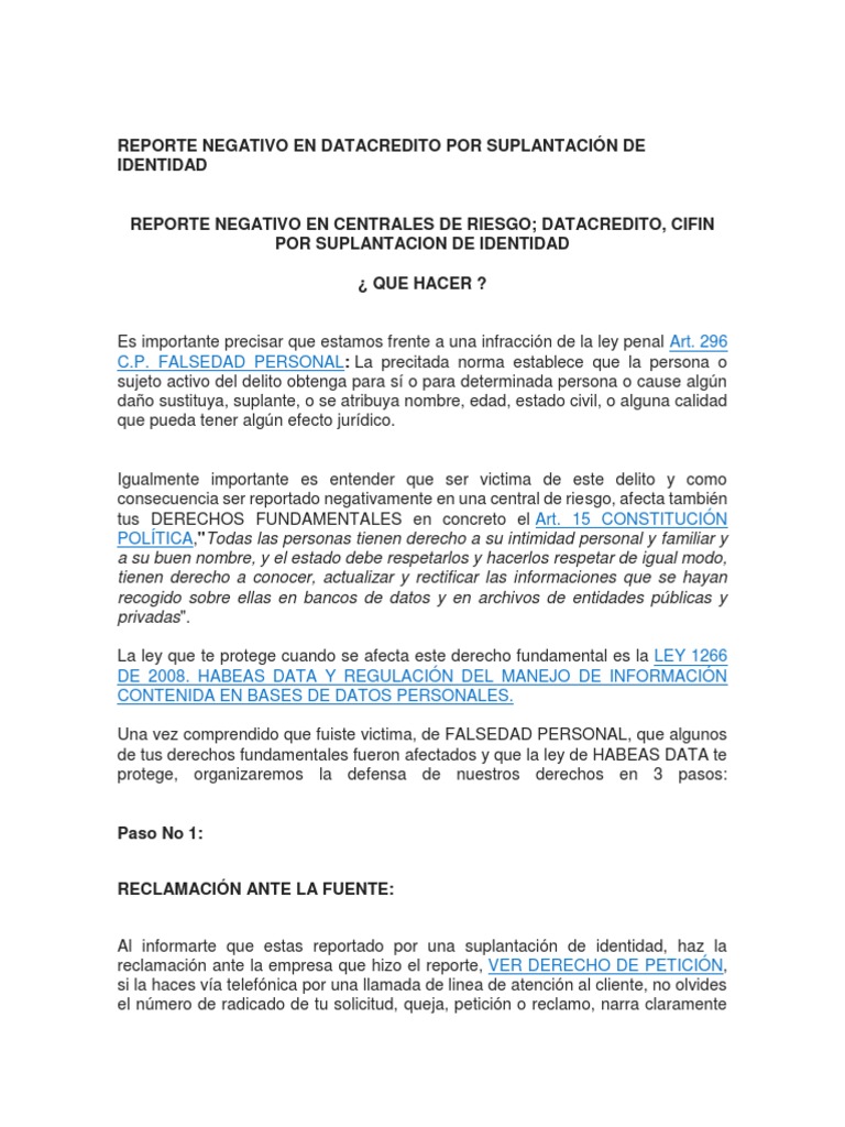 Reporte Negativo En Datacredito Por Suplantacion De Identidad Derecho Constitucional Virtud