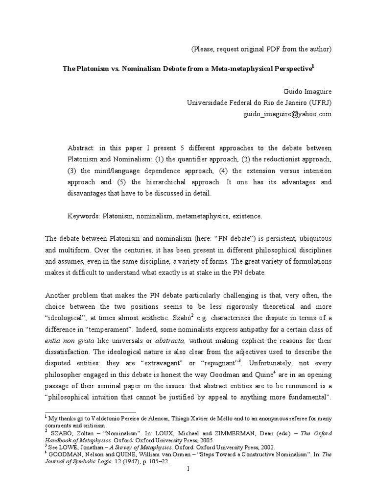 Platonism Vs Nominalism - 1 | PDF | Existence | Philosophy