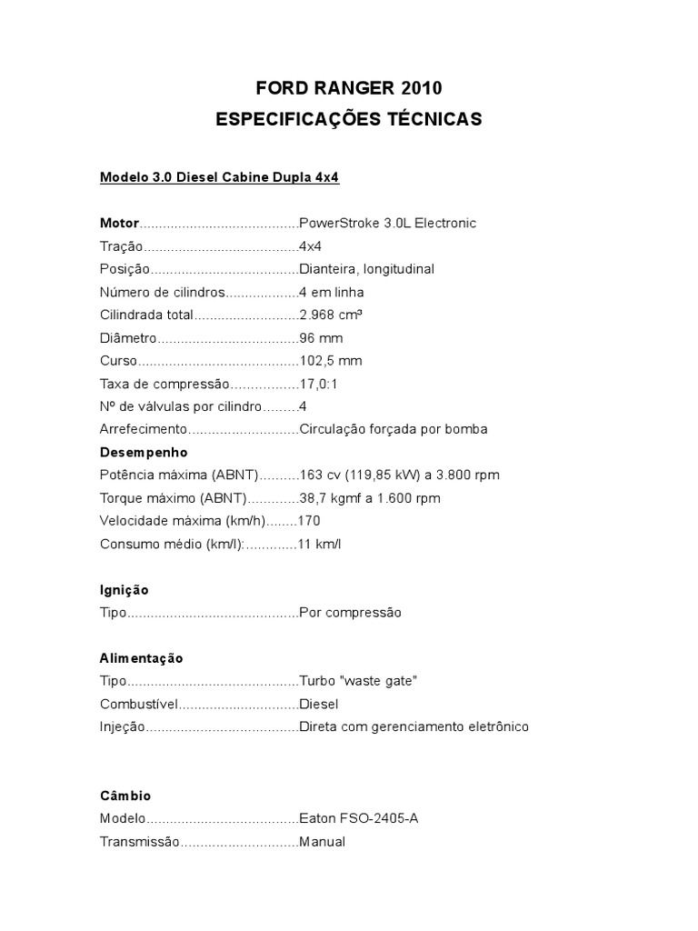 Ficha Ford Ranger 2010 PDF Tração nas quatro rodas Suspensão (veículo)