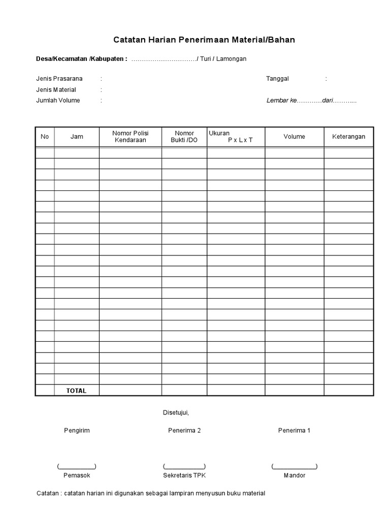 Catatan Penerimaan Material Harian | PDF