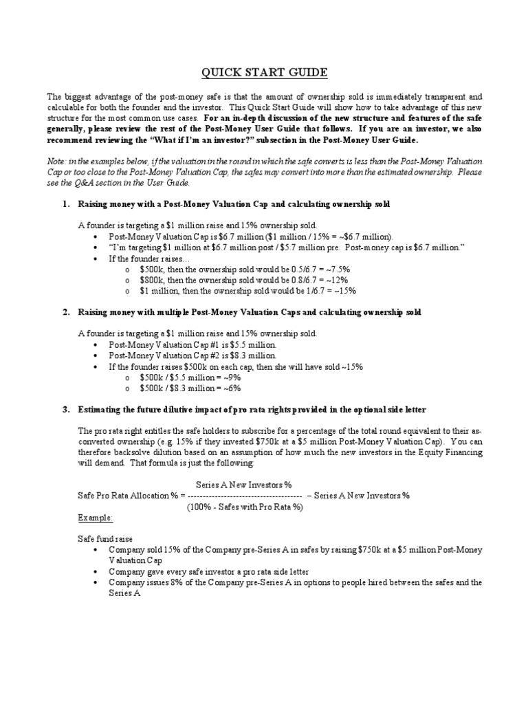 Post Money Safe User Guide PDF Preferred Stock Stocks