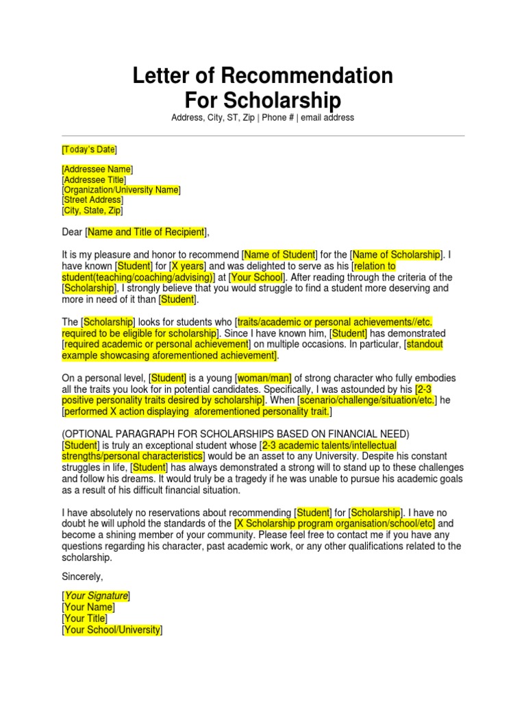 letter of recommendation for scholarship template | pdf