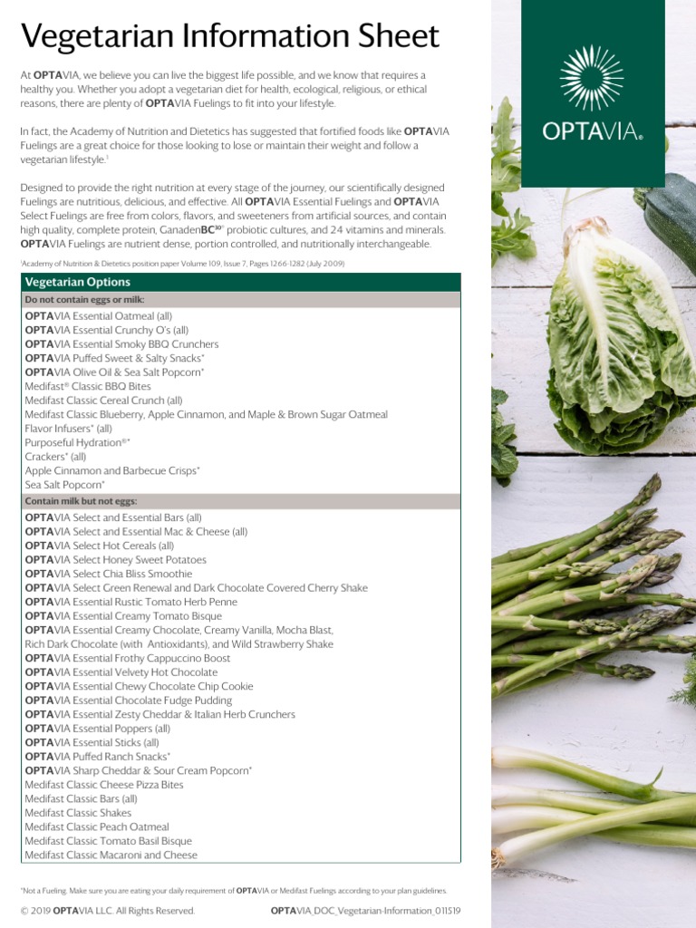 OPTAVIA Vegetarian Info Sheet PDF Nutrition Diet & Nutrition