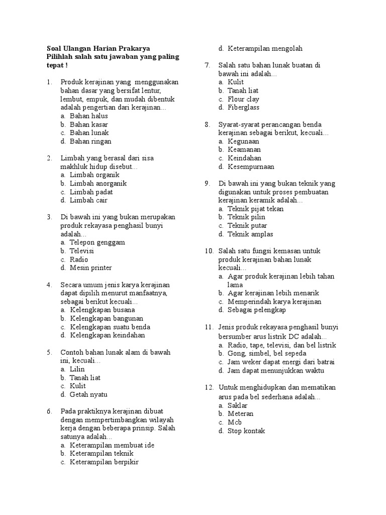 Soal Ulangan Harian Prakarya