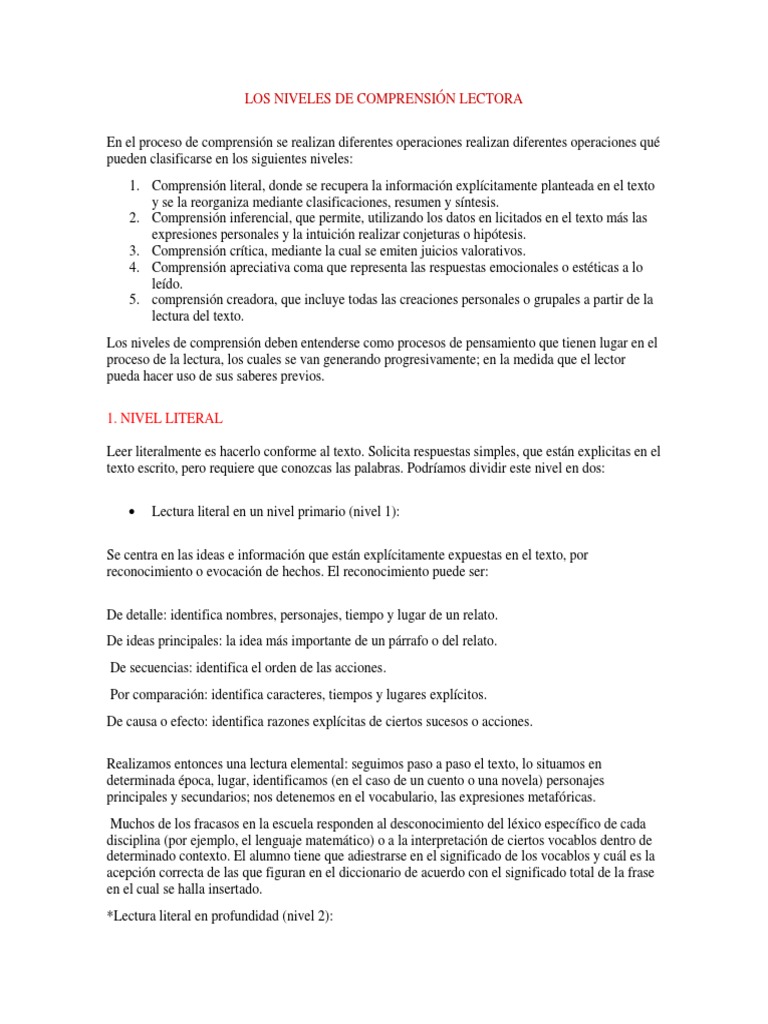 Los Niveles de Comprensión Lectora | PDF | Comprensión lectora ...