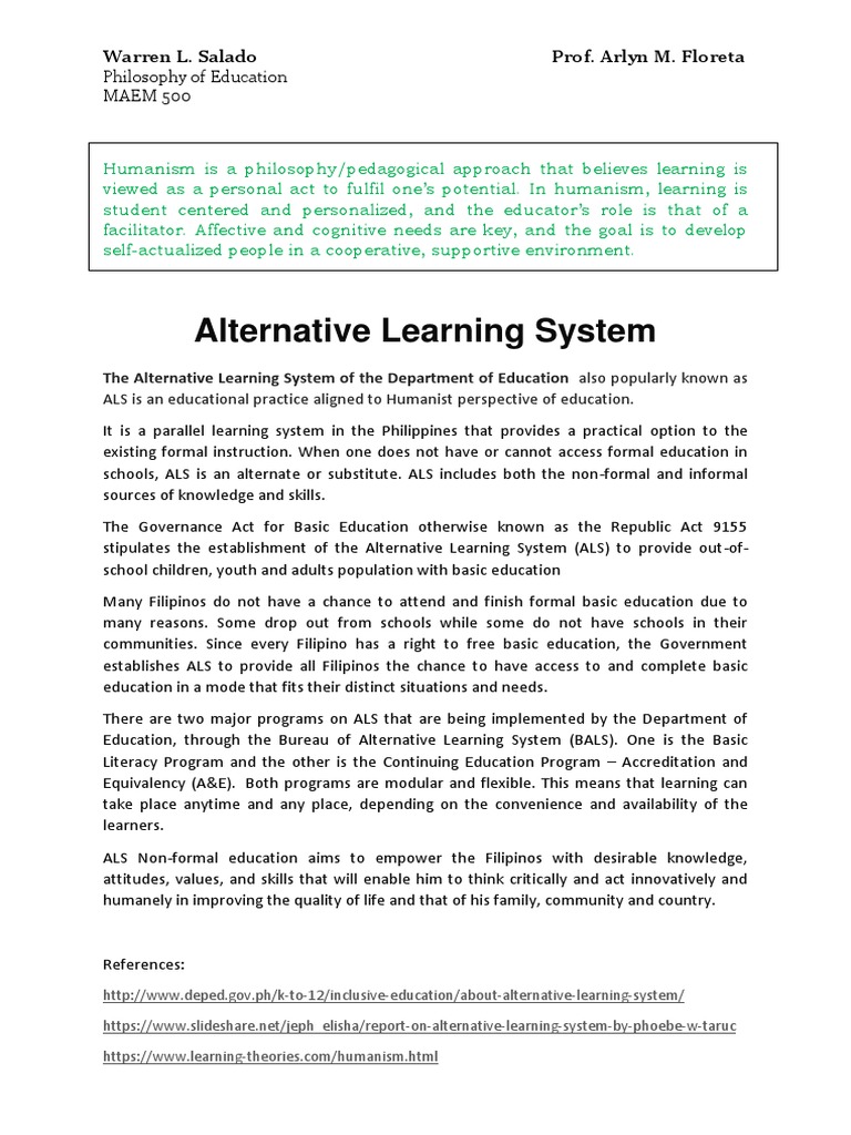 Humanism in Alternative Learning System | PDF | Applied Psychology ...
