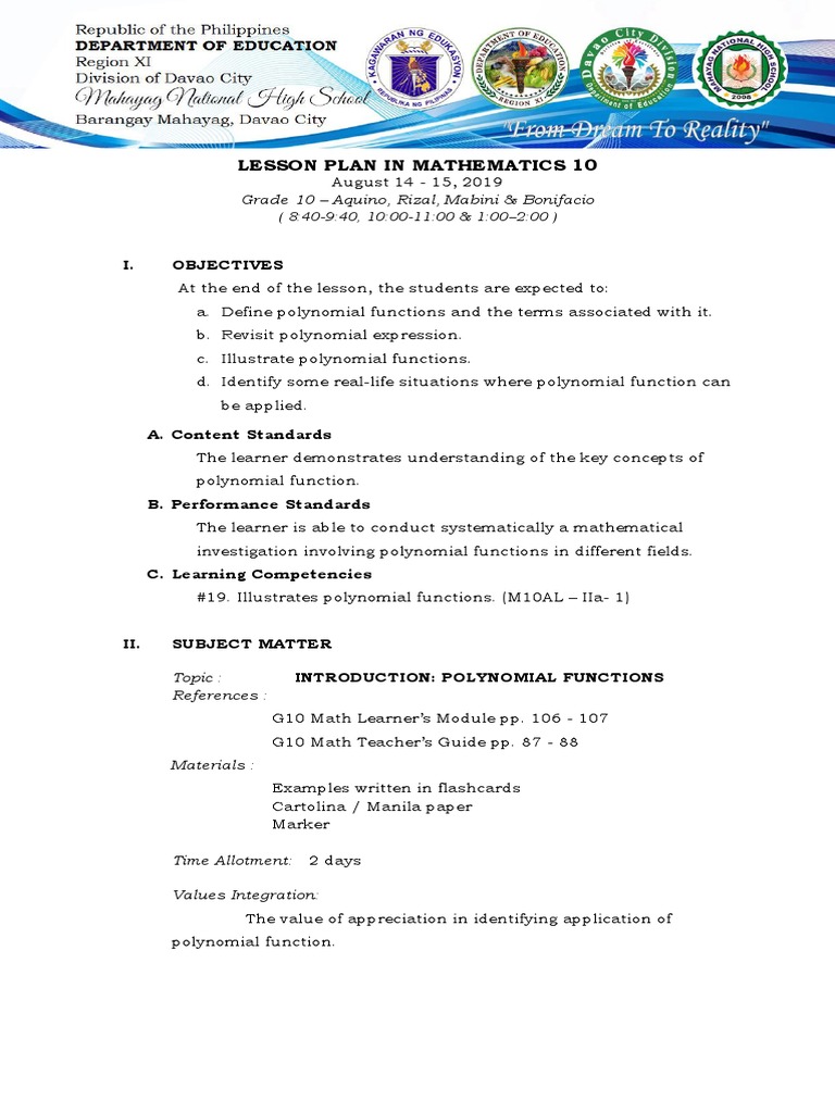Grade 10 Polynomial Functions Lesson Plan | PDF | Polynomial ...