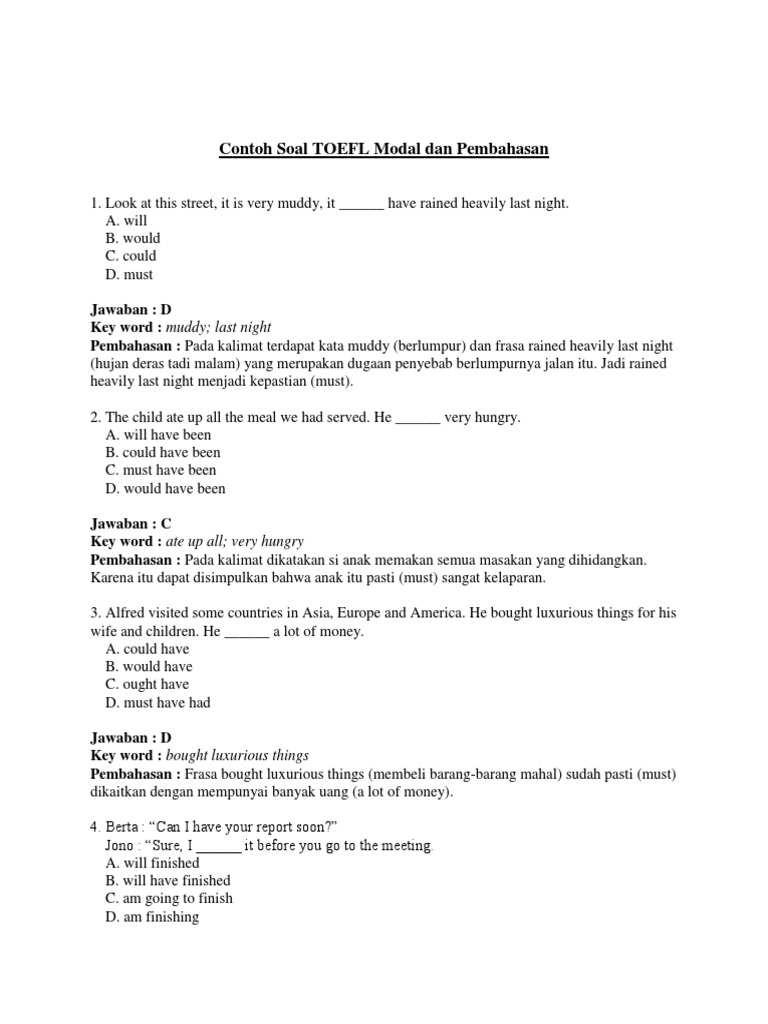 Contoh Soal Modal TOEFL dan Jawaban | PDF | Nature