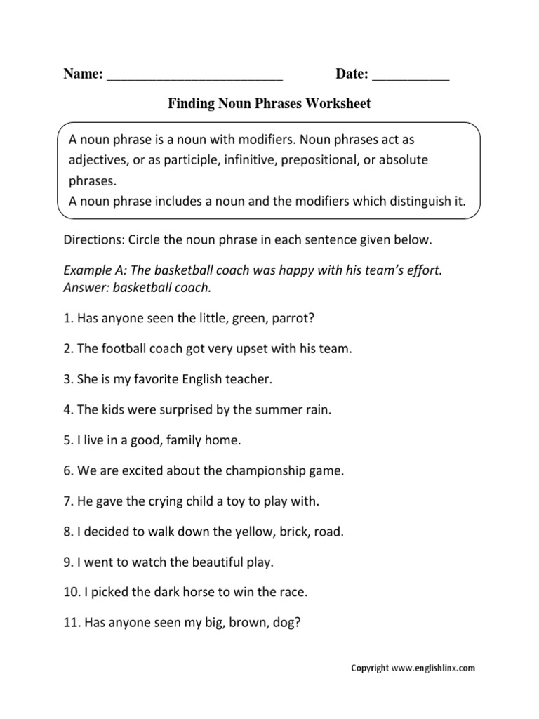 Finding Noun Phrases Worksheet Pdf