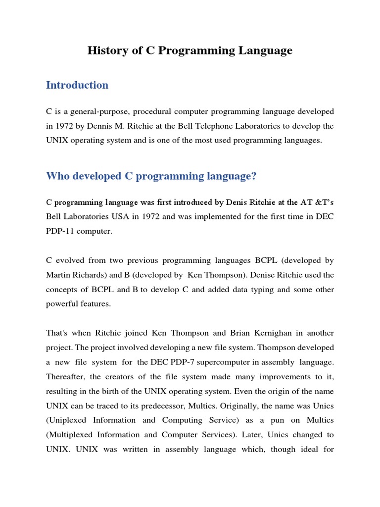 History of C Programming Language | PDF | C (Programming Language) | Unix