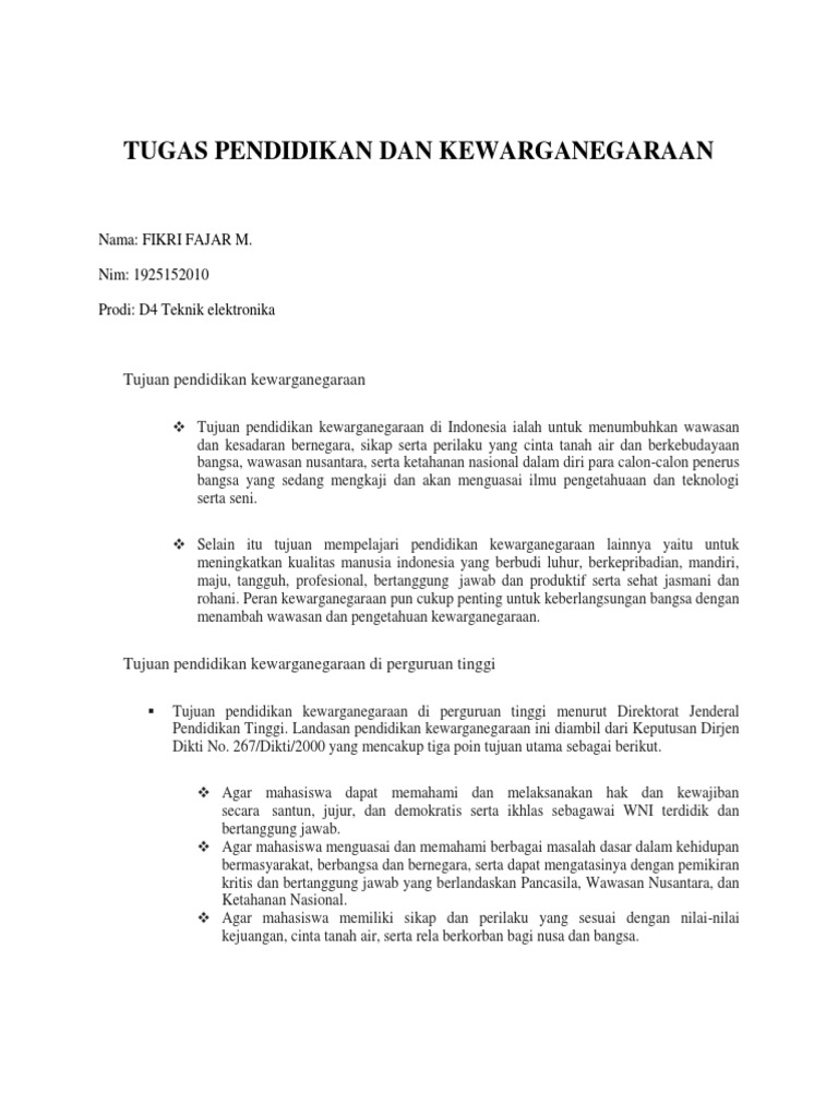 Tujuan Mempelajari Pendidikan Kewarganegaraan Di Perguruan Tinggi