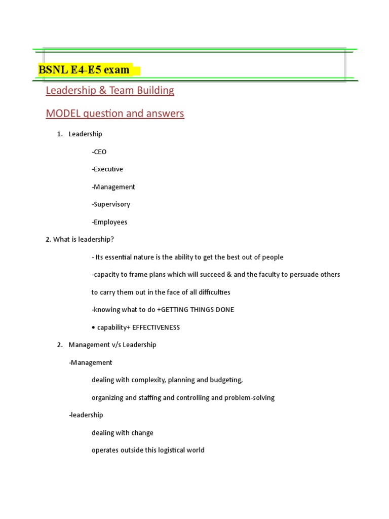 Leadership & Team Building MODEL Question and Answers BSNL E4E5 Exam