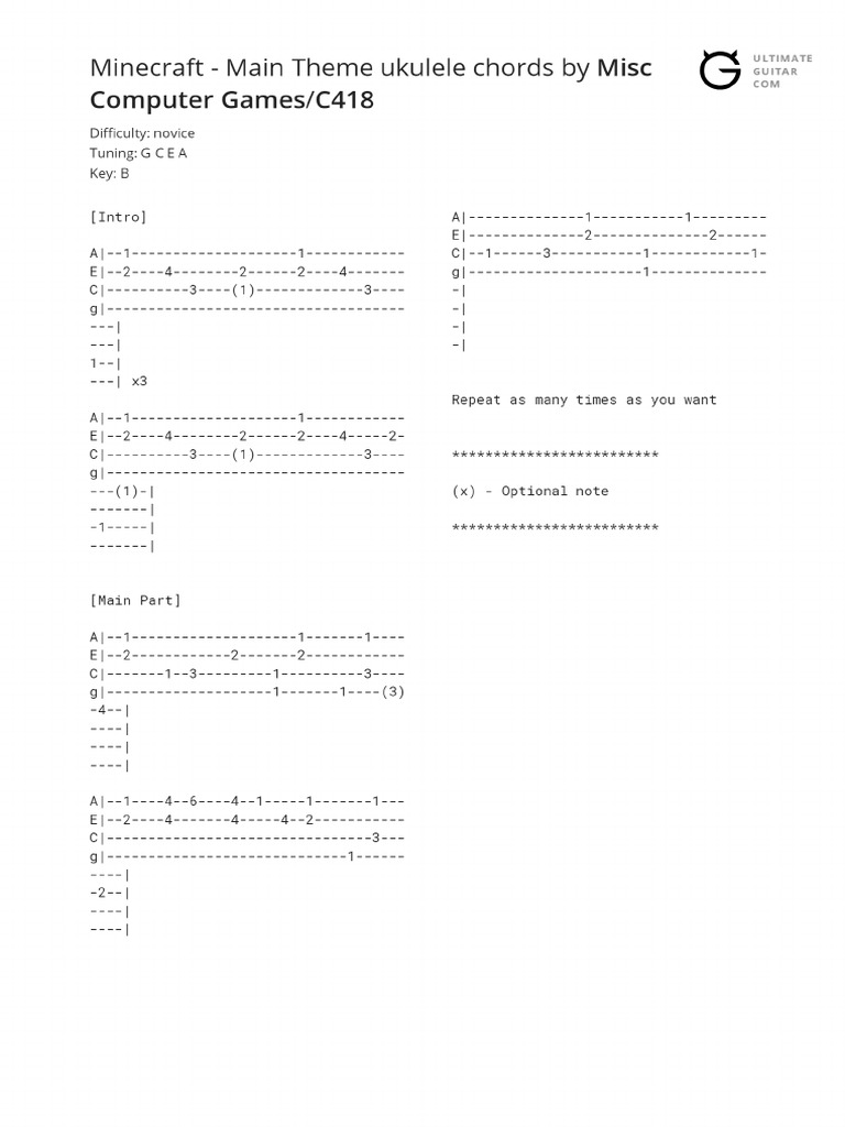 Minecraft Main Theme Ukulele Chords PDF